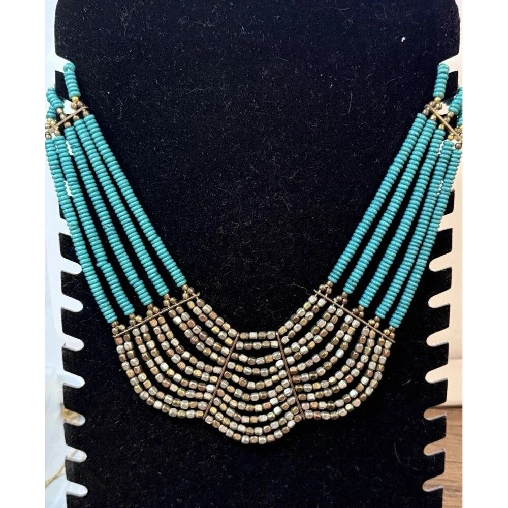Multi Layered Metal Bead Turquoise Color Bead Bib Necklace 18.5”